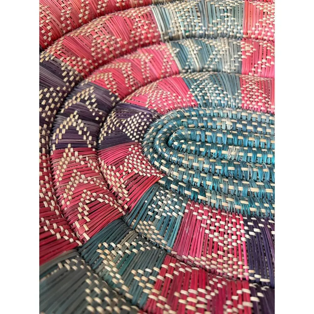 Colorful Vintage Boho Oval Hand Woven Basket Bowl Coiled African Footed Artisan